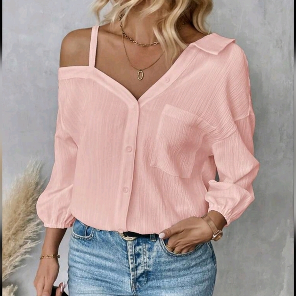 Women's Spring/Fall Solid Color Asymmetric Collar Dropped Shoulder Loose Casual - Picture 4 of 4